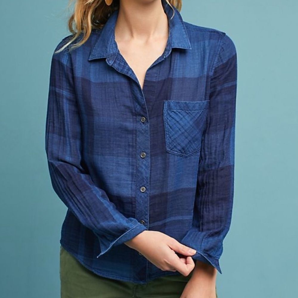 Anthropologie Cloth & Stone Blue Plaid Flannel Button Down Shirt Cotton Size S